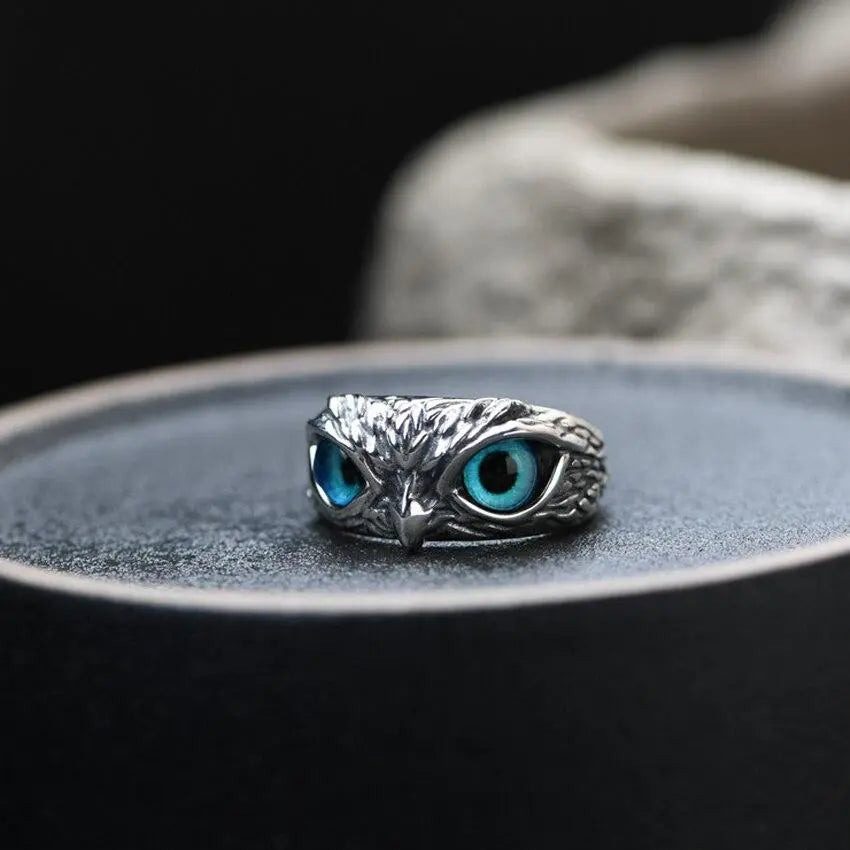 Silver Adjustable Ring with Opal and Lucky Owl Design"