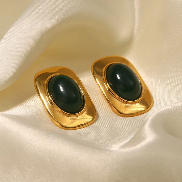 Vintage 18K Gold Plated Green Opal Oval Earrings